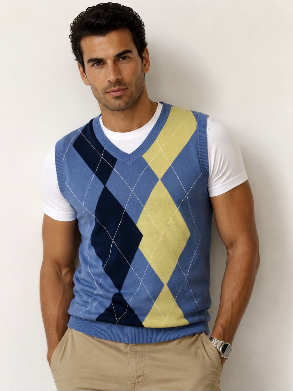 Men's V-Neck Sweater - Blue and Yellow Argyle